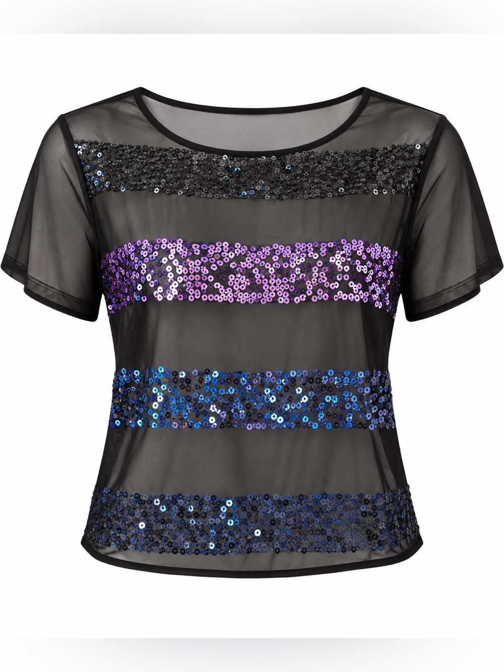 Material Girl Sheer Sequin Party Top Black Purple Blue Size L